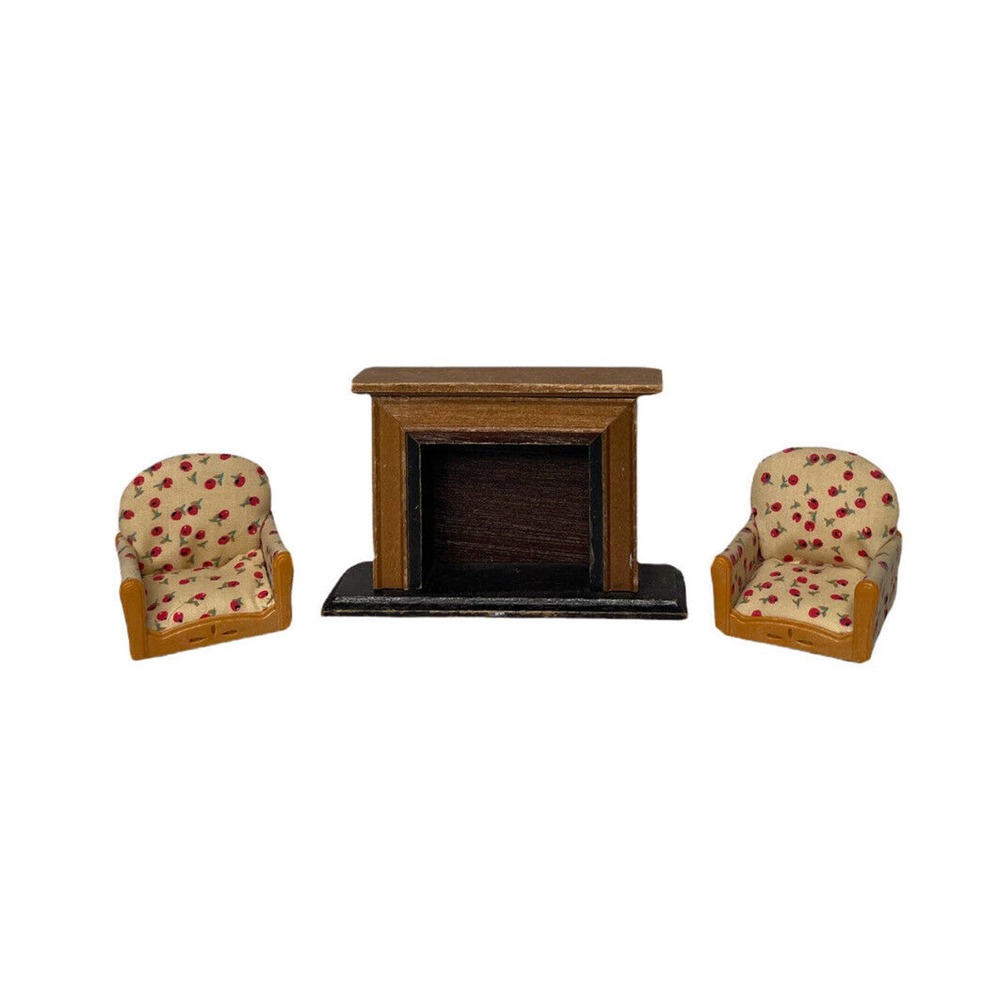 Vintage Calico Critters Floral Living Room Chairs Fireplace Doll House Furniture